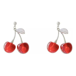 Aretes Cereza Doble Pendientes Rojo Mujer Fantasía Plateado Aretes Cereza Doble Pendientes Rojo Mujer Fantasía Plateado