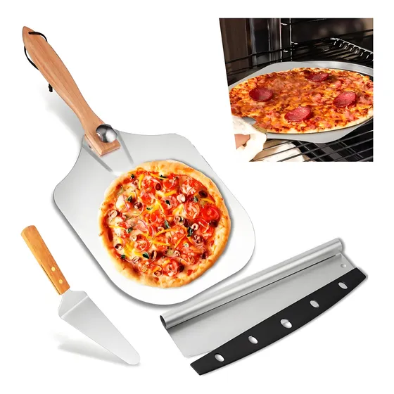 Set 3 Pala Pizza Plegable Cortador Mango Madera Acero Inox