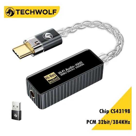 Adaptador De Audio Dac Type-c A 3.5mm Techwolf Amplificador De Auriculares Hifi Con Chip Cs43198+ct7601 32bit/384khz Dsd256, Decodificador De Audio Portátil Para Teléfonos, Laptops Y Tabletas