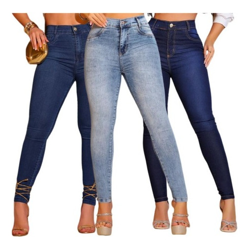 Kit 3 Calça Jeans Feminina Skinny Cintura Alta Com Lycra Kit 3 Calça Jeans Feminina Skinny Cintura Alta Com Lycra