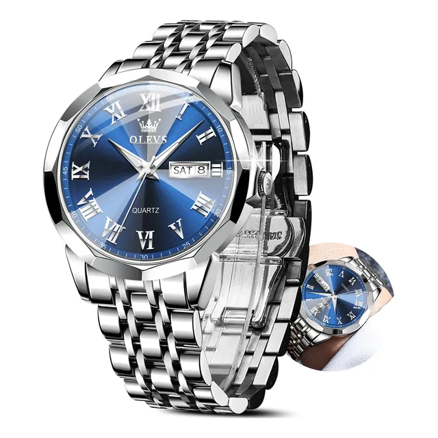 Olevs Silver Watch Hombres Blue Face Acero Inoxidable Kf9yh