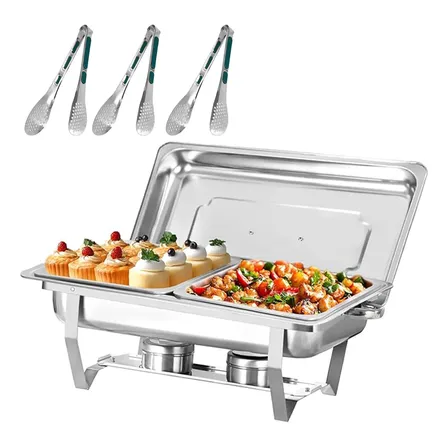 Rechaud Aço Inox Com 2 Cubas Retangular Com 3 Pinça Inox Prata