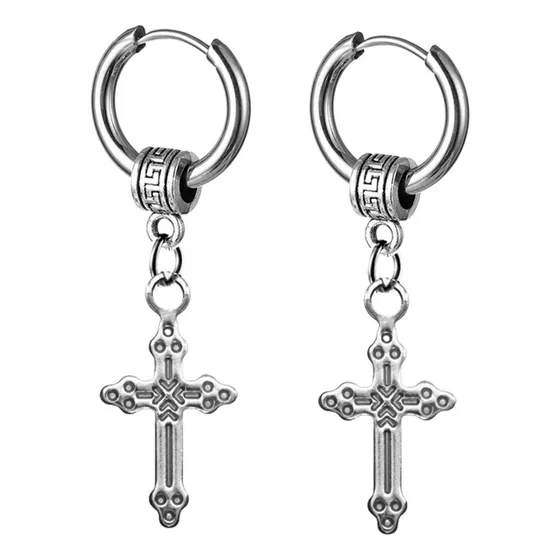 Par De Brinco Masculino Cruz Crucifixo Argola Aço Inox Prata