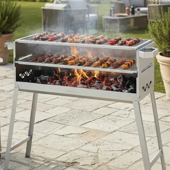 Churrasqueira A Carvão Portátil Churrasqueira Para Espetinho Grande Inox 80x25 2 Grelhas Mec Grill