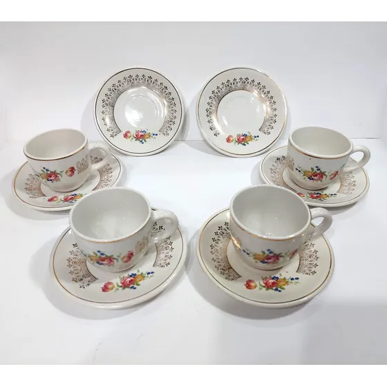 Set 4 Tazas Cafe + 6 Platos Ceramica Boulogne Antigua Flores
