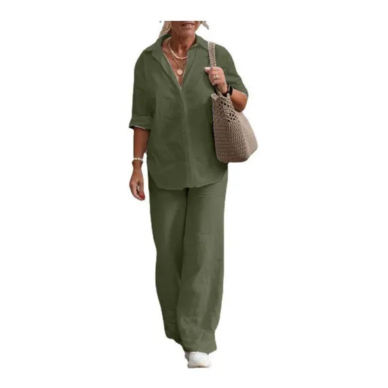 Conjunto De Camisa Y Pantalón De Algodón Y Lino Para Mujer