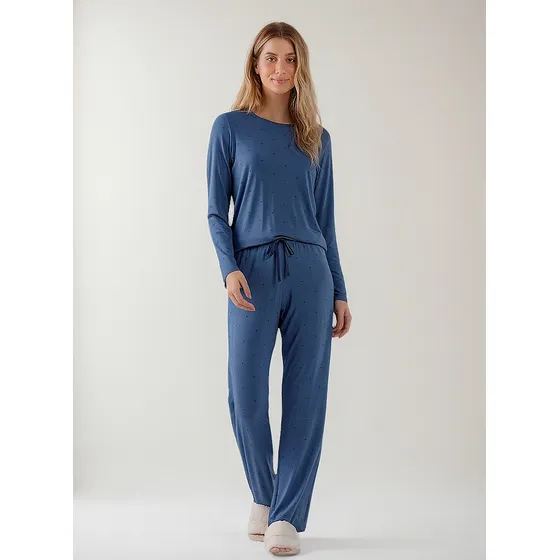 Pijama Adulto Manga Longa Azul Mini Estrelas Viscolycra Cor 