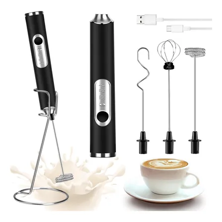 Espumador Leche 3en1,recargable Agitador Café,3 Velocidades Negro