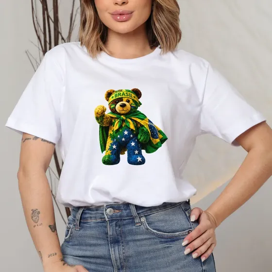 Blusa Feminina Camiseta Tshirt Algodão Estampa Urso Brasil 3