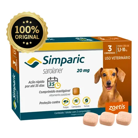 Simparic 20mg 3 Comprimidos Cães 5,1 A 10kg Original 20mg - 3 Comp.