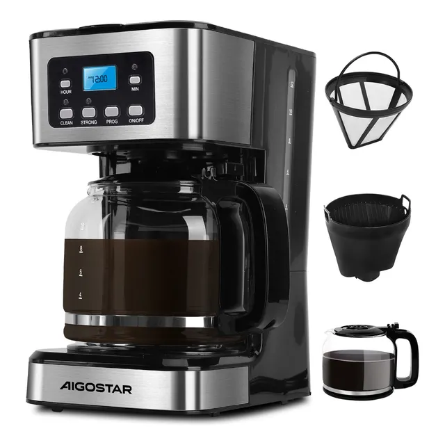 Cafetera de goteo eléctrica de 12 tazas (1.8L), 950W, programable 24 horas, con filtro reutilizable, función de mantener caliente y autolimpieza, Aigostar.