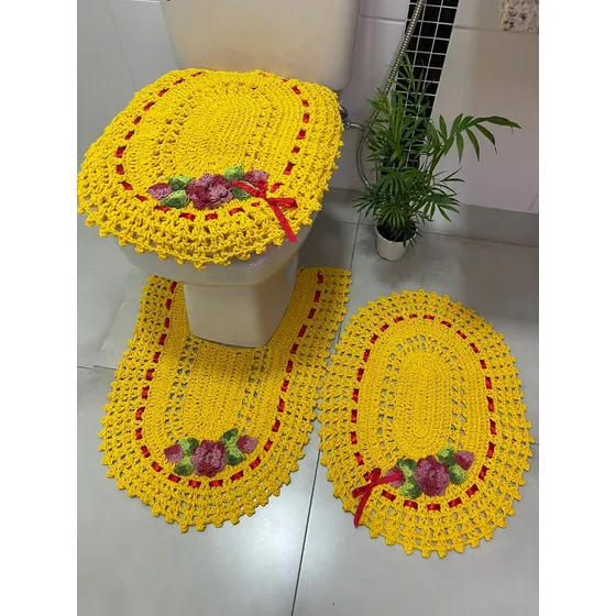 Jogo De Tapete Crochê Colorido Banheiro 3 Cor Amarelo Liso