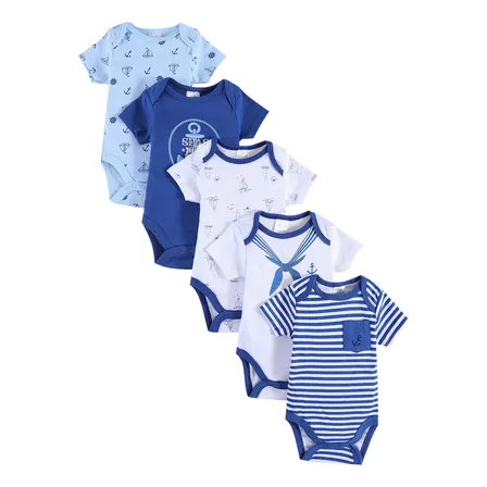 Kit 5 Bodies Bebê Canelado Algodão Manga Curta Azul-claro 3m
