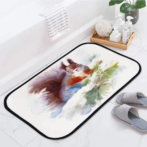 Kuizee Alfombra Baño Bañera Piso Acuarela Ardilla Invierno