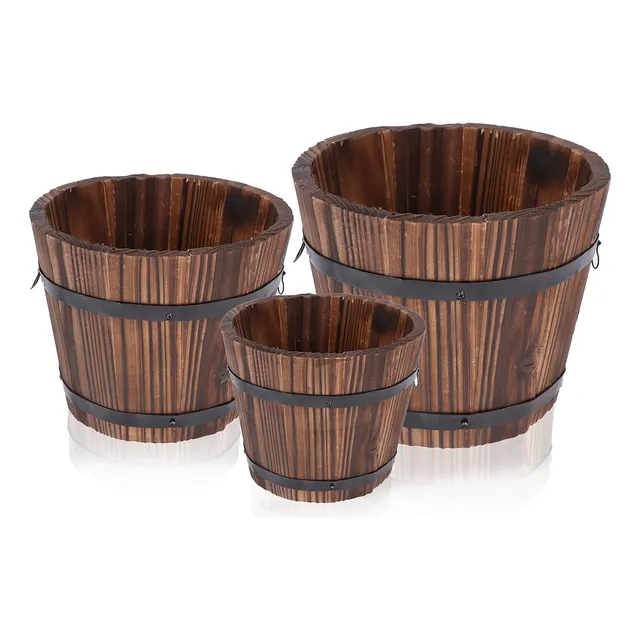 Set X3 Macetas Rústicas De Madera Barril Deco