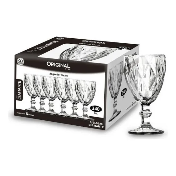 Jogo De Taças Diamond Vidro Taça De Vinho 340 Ml 6 Pçs
