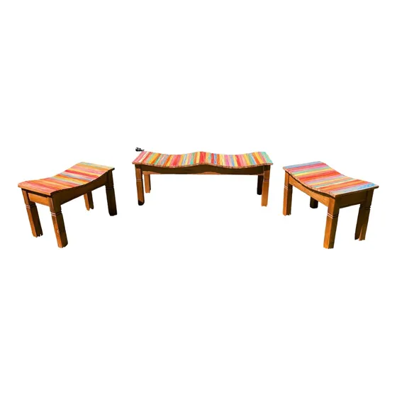 Jogo Bancos 4 Lugares Colorido Rustico Para Jardim 
