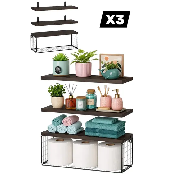 Pack x3 Repisas Flotantes Estante Organizador + Canasto Marca BathLand Repisas de Madera Repisa Flotante Madera