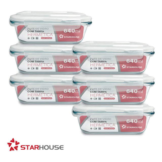 Kit 6 Potes 640ml Vidro Hermético 4 Travas Marmita Refratario Star House Branco