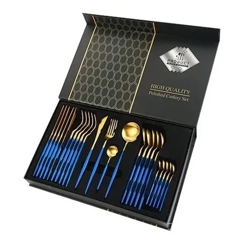 Set De Servicios Acero Inoxidables Tornasol Negro Dorado 24p