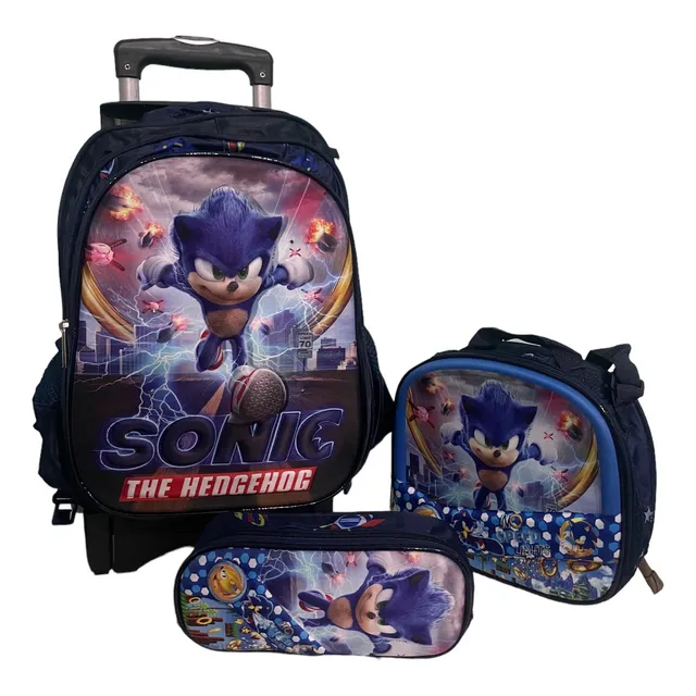 Set Mochila De Sonic Con Ruedas Lonchera Y Lapicera 3 Piezas Color Azul Petróleo Diseño De La Tela Rayas