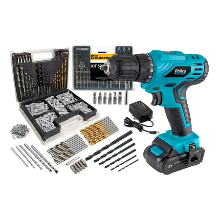 Furadeira Parafusadeira Sem Fio De 10mm Philco Ppf12m Acessórios Com Jogo Bits Brocas E Buchas 300 Peças Azul 127/220v 50hz/60hz