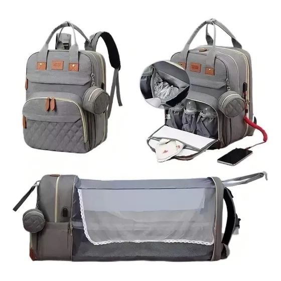 Mochila Bolso Maternal Con Cuna Bebé Cambiador Color Gris Diseño De La Tela Liso