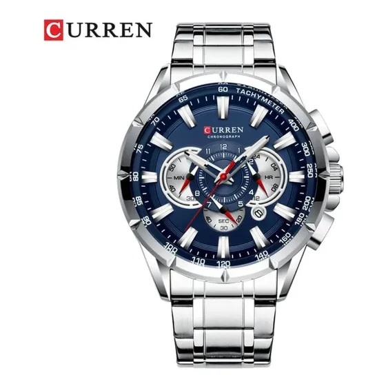 Reloj pulsera Curren KREC951903 con correa de acero inoxidable color plateado - fondo azul