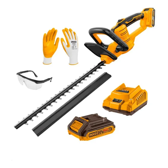 Cortasetos eléctrica inalámbrica Ingco 18'' batería 2ah cargador rápido lentes guantes