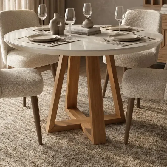 Mesa de Jantar Redonda 4 Lugares Moderna Valentina Inova Design Cozinha Moderna Off White Nature Tampo MDP