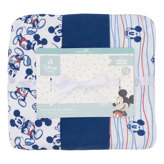 Set 3 Mantita Franela Azul Mickey Lineas Niño