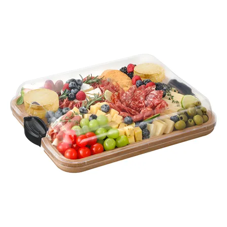 Bandeja De Bambu Grande C/ Tampa Acrilica Com Travas Para Frios Queijos Petiscos Bolinhos Aperitivos Cor Marrom Tabua De Servir Guardar E Proteger Alimentos