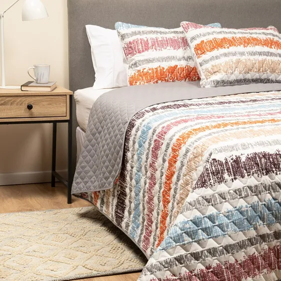 Cubrecama Cobertor Quilt Reversible+fundas Almohada 2 Plazas Color 2P Rayas/Gris Rayas de colores