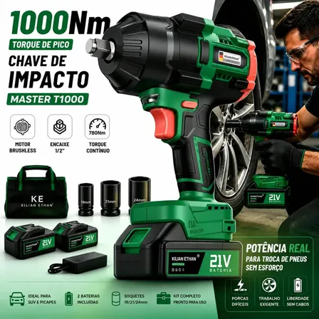 Chave De Impacto Kilian Ethan T1000 Brushless Sem Fio 21v, Com 2 Baterias E Soquetes Profissionais Verde 127/220v
