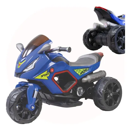 Luz LED para motocicleta eléctrica infantil de 6 V con escape de humo, color azul oscuro, cargador de voltaje 110 V/220 V
