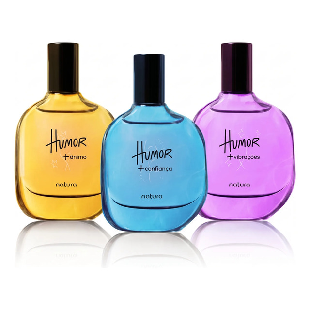 Kit com três frascos de perfume Natura Humor de 25ml cada, sendo um amarelo (Ânimo), um azul (Confiança) e um roxo (Vibrações), dispostos lado a lado sobre fundo branco.