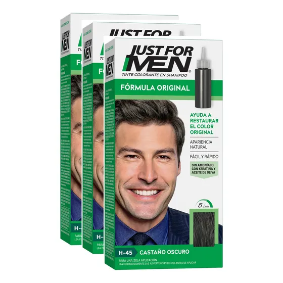 Kit 3 unidades Tintura en Shampoo Just For Men Formula Original tono Castaño Oscuro Sin Amoníaco 66ml c/u en 5 minutos