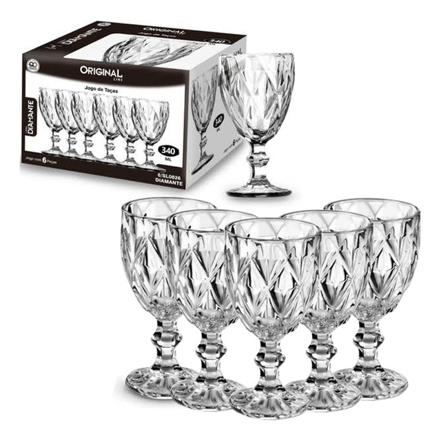 Jogo 6 Taças Vinho Água De Vidro 340ml Diamond Transparente Jogo 6 Taças Vinho Água De Vidro 340ml Diamond Transparente