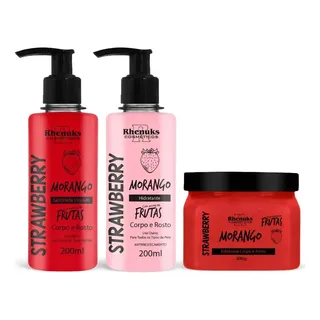 Kit Morango Corpo E Rosto: Hidratante, Sabonete, Esfoliante