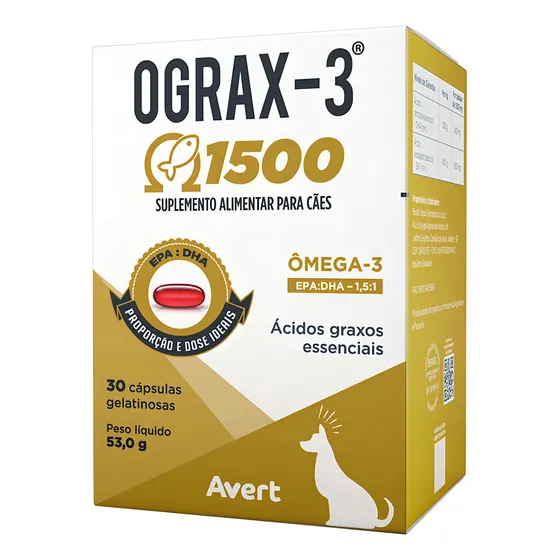 Suplemento Cães Gatos Avert Omega 3 Ograx 3 1500 30 Cápsulas