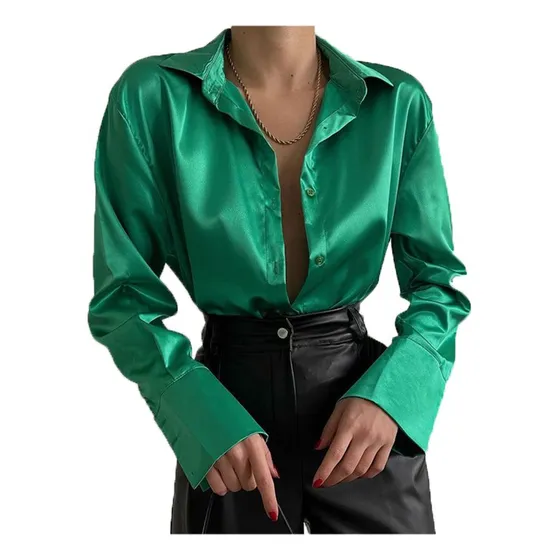 Camisa De Mujer De Satén De Seda Con Cuello De Pico Y Manga