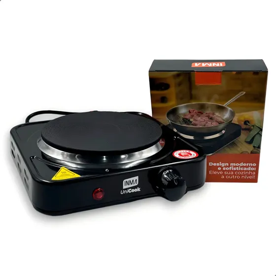 Fogão Cooktop INMA CA0067T 1 Queimador Elétrica Fogareiro Portátil 1000w Boca Mesa Inma Viagem Camping Queimadores Acampamento Trava Segurança Níveis Temperatura Regulável Automático Aço Inox