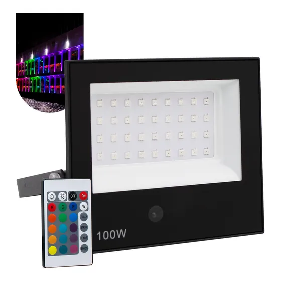 Refletor Led Holofote 100w 127/220V Rgb Colorido C/ Controle Carcaça Preto