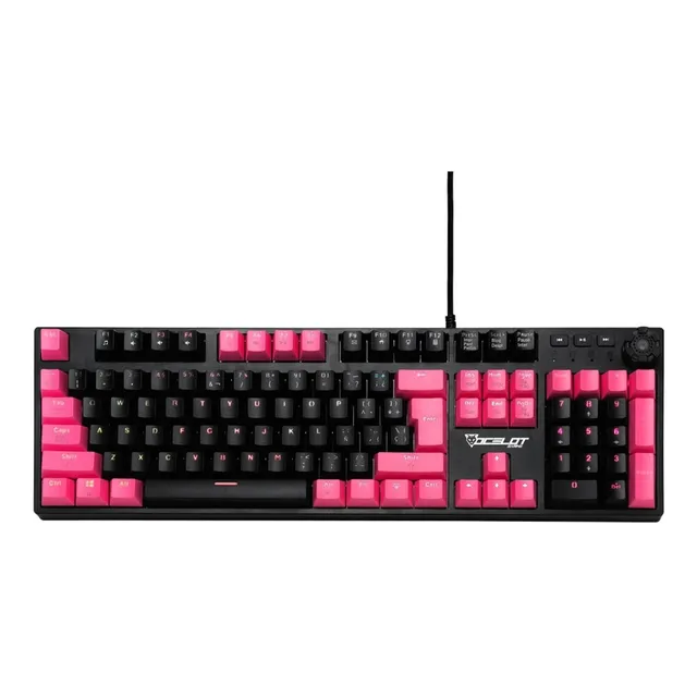 Teclado Gamer Ocelot Mecánico Extendido Alámbrico Switch Xinda Azul RGB Metálico Color Negro con Rosa Modelo OGMK04