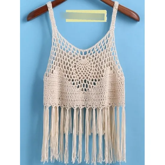 Top Tirante Fino Flecos Tejido Crochet