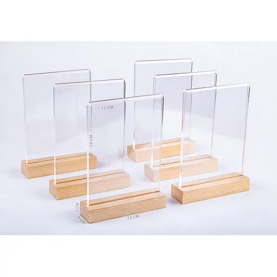 Set De 6 Porta Menus Base Madera , Soporte De Letrero De Acrilico Elegante Moderno, (set De 6) Doble Cara, Soporte De Madera, Restaurantes, Oficina, Bares, Tablero De Mesa, 3mm Espesor 1/4 Carta