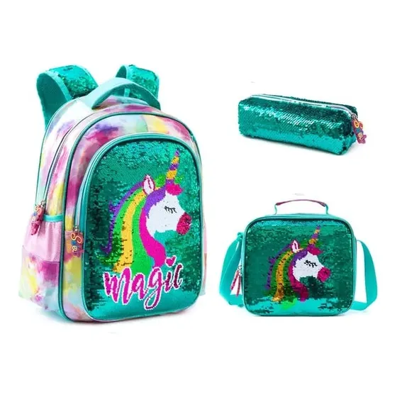 Morral Lonchera Y Cartuchera Unicornio Lentejuelas