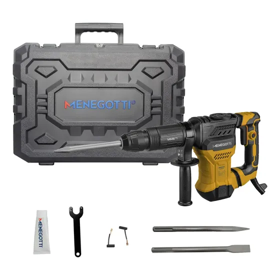 Martelo Rompedor Menegotti Mmr1300 15 Joules 1300w Sds Max 6kg Com Ponteira, Talhadeira, Maleta, Escovas E Lubrificação - Ideal Para Uso Profissional E Industrial Com Troca Rápida De Acessórios E Cabo