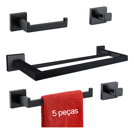Kit 5 Acessórios Banheiro Inox 304 Toalheiro Duplo 60cm Preto