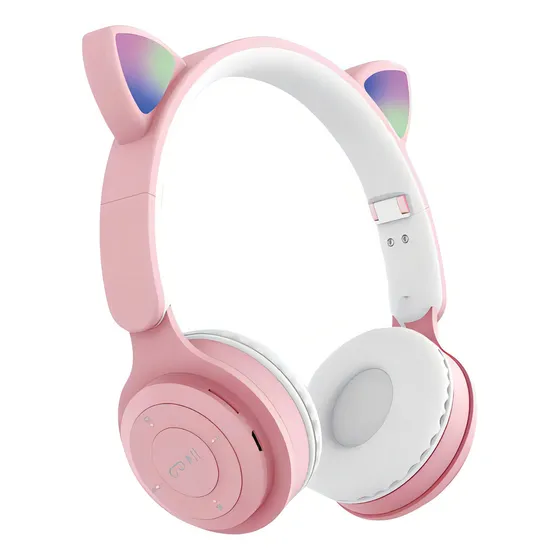 Fone De Ouvido Bluetooth Sem Fio Infantil Gatinho Led Macio Cor Rosa